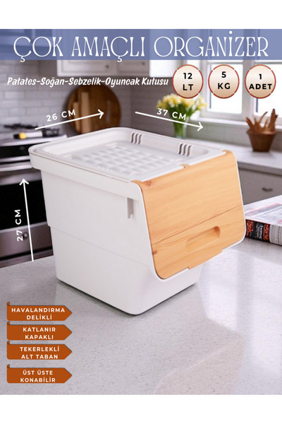 nextbuy 12 LT Bambu Renk Organizer Çok Amaçlı Kutu Tekerlekli Patates Sebze S...