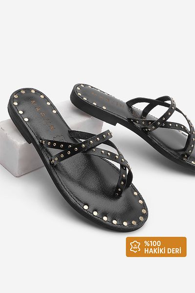 Marjin Schwarzes echtes Leder - Stapled Flip Flops Freizeitpantoffeln Pemora