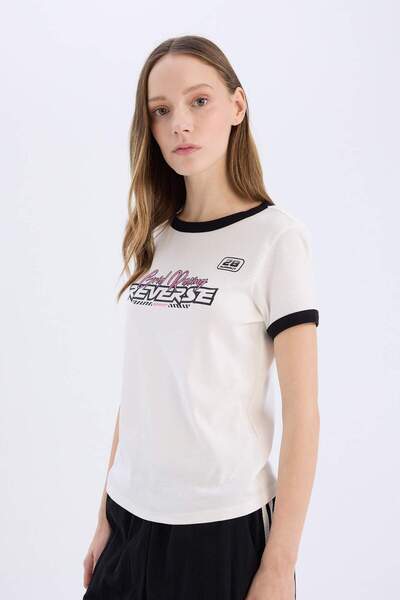 DeFacto Tricou cu nervuri imprimat cu gât turnat - mânecă scurtă, croială obișnuită E4378AX25SM