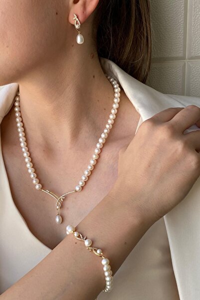 Birinci1926 14 Ayar Altın 7 Mm Yaprak Taşlı Doğal Incili Küpe Kolye Bileklik Üçlü Set