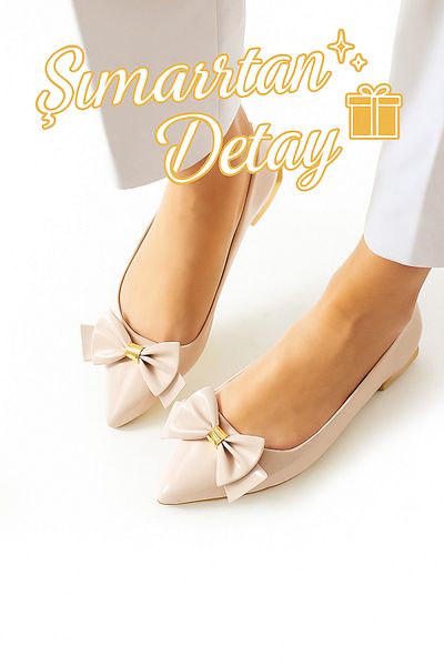 Güllü Shoes Cream Patent Leather Vegan Leather Bow Gold Heeled Pointed Toe Comfortable Women's Ballerina Shoes Model