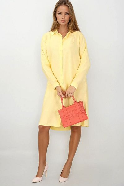 VAGGON Women's Yellow Button Closure Lace Detail Shirt Collar Dress Vs00379