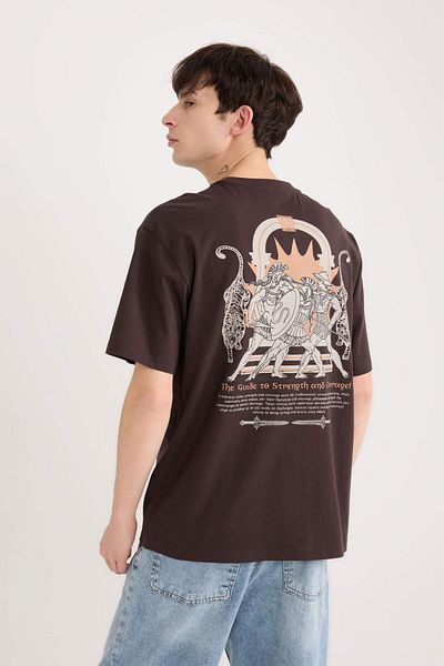 DeFacto 100% Cotton Boxy Fit Crew Neck Back Printed Short Sleeve T-Shirt D9345Ax25Sp