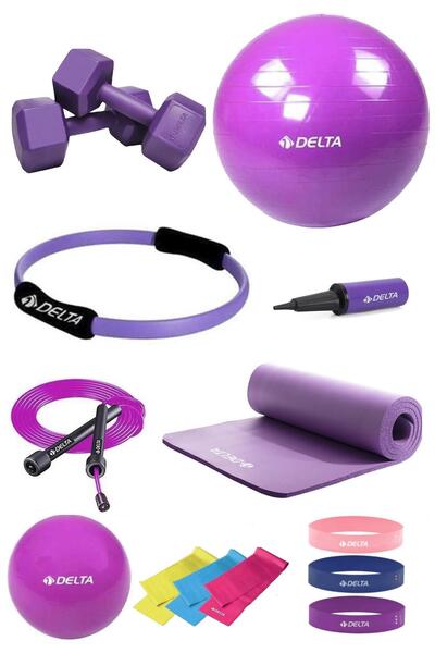 Delta طقم بيلاتيس مناسب للطلاء مقاس 160-169 سم - 14 قطعة، كرة 65 سم، طوق وسادة 10 مم، شريط القرفصاء، دمبل 1 كجم