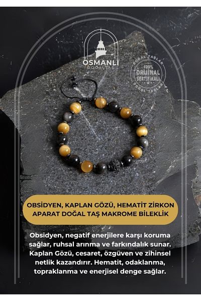 OSMANLI DOĞAL TAŞ Certified Obsidian, Tiger Eye, Hematite Zircon Apparatus Natural Stone Macrame Bracelet