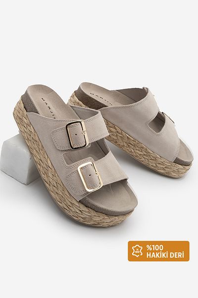 Marjin Damen-Hausschuhe aus echtem Leder mit dicker Strohsohle und doppeltem Band, Kifor, beige Wildleder