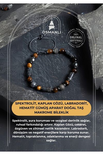 OSMANLI DOĞAL TAŞ Certified Spectrolite, Tiger Eye, Labradorite, Hematite Silver Apparatus Natural Stone Macrame Bracelet