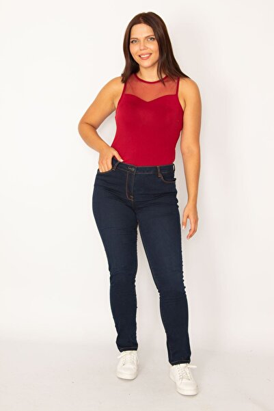 Şans Women's Large Size Navy Blue 5 Pocket Skinny Jeans 65n34217