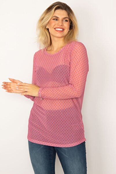 Şans Women's Large Size Pink Patterned Tulle Blouse 65n34253
