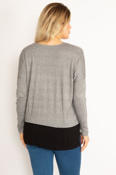 Şans Women's Large Size Gray V-Neck Blouse with Garnished Hem 65n34636