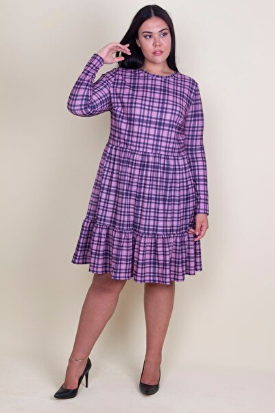 Şans Women's Large Size Lilac Plaid Patterned Dress with Elastic Waist and Flounce at the Hem 65n18211