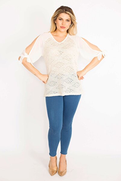 Şans Women's Large Size Bone Sleeve Low-cut Blouse 65n18966