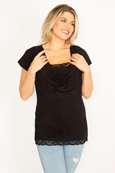 Şans Women's Large Size Black Low Collar Blouse with Lace Detail on Collar and Hem 65n34531