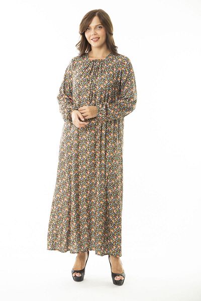 Şans Women's Large Size Yellow Maxi Length Long Dress with Gathering Collar and Elastic Cuff Detail 65N36905