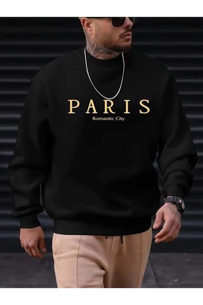 modamtn Men's Long Sleeve Crew Neck Paris Written Two Thread Blouse