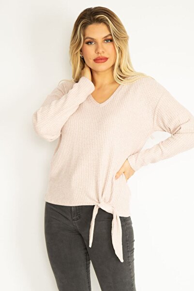 Şans Γυναικεία Μπλούζα Δαντέλα με Ανάγλυφο Μπροστινό Μπροστινό Μεγάλο Μέγεθος Πούδρα V λαιμόκοψη 65n35168