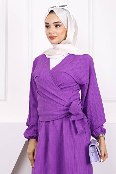 İmajButik Purple Tie-Up Wrap Blouse Skirt Set