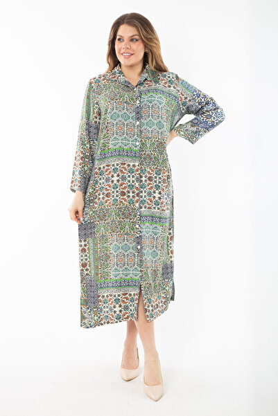 Şans Жіночий великий розмір Кольоровий тканий віскозний одяг на ґудзиках 65N3...