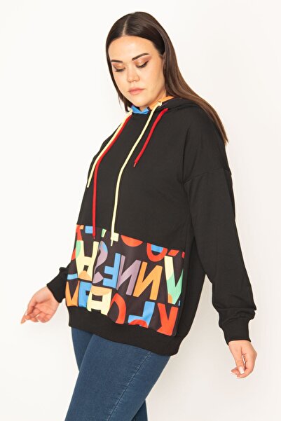 Şans Γυναικείο φούτερ μεγάλου μεγέθους με μαύρη κουκούλα με μπροστινό γράμμα 65n31325