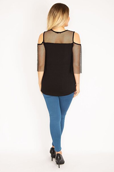 Şans Women's Large Size Black Robe and Sleeves Mesh Detailed Viscose Blouse 65n27071