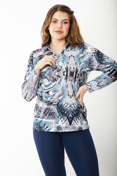 Şans Women's Large Size Petrol Front Patch Zippered Long Sleeve Patterned Blouse 65N37218