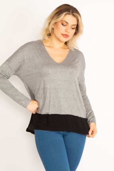 Şans Women's Large Size Gray V-Neck Blouse with Garnished Hem 65n34636