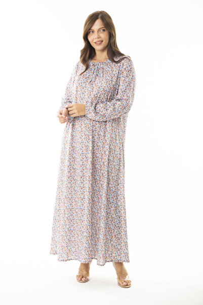 Şans Dámské modré dlouhé šaty velké velikosti s nabíraným límcem a rukávy a gumovým detailem 65n36905