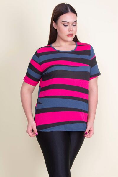 Şans Women's Large Size Fuchsia Crew Neck Cotton Fabric T.shirt 65n21080