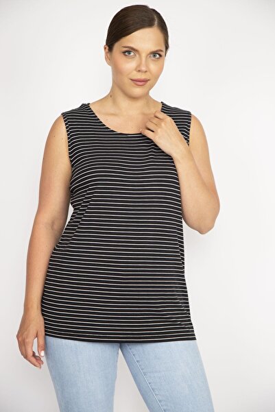 Şans Women's Black Plus Size Sleeveless Striped Lycra Viscose Blouse 65n36579