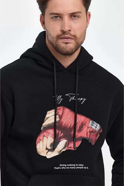 Moda Asmira    Unisex Hooded Three Thread Oversize Printed Sweatshirt - Black