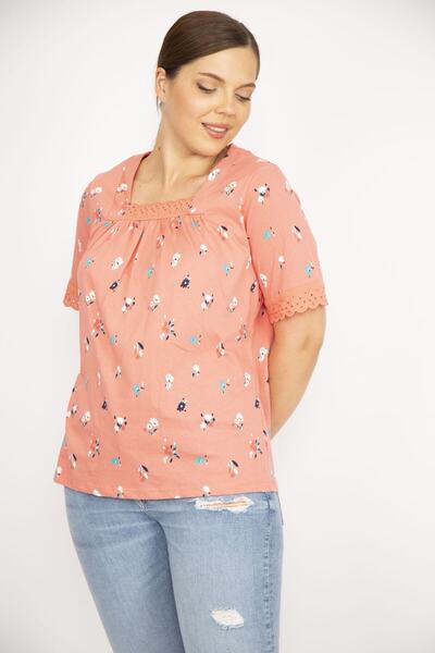 Şans Γυναικεία μπλούζα από βαμβακερό ρόδι γιακά και μανίκι με δαντέλα με λεπτομέρειες 65n36544