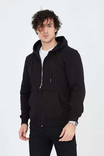 modamtn    Men's Hooded Plain Zipper Cardigan - Black