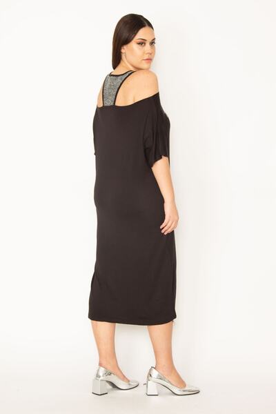 Şans Women's Large Size Black Glitter Detailed Front Printed Viscose Dress 65n27473