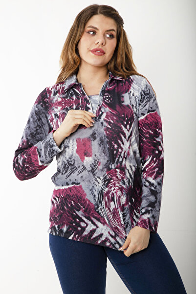 Şans Жіноча великого розміру бордова блуза з довгими рукавами, застібкою спер...