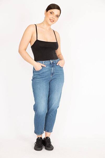 Şans Kadın Mavi Büyük Beden Yıkama Efektli Yüksek Bel Kot Pantolon 65n36220