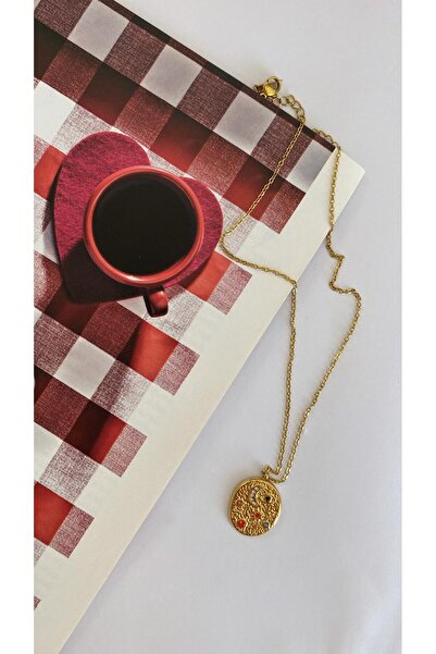 marsel aksesuar قلادة بيضاوية من الفولاذ الذهبي مع حجر هلال ملون