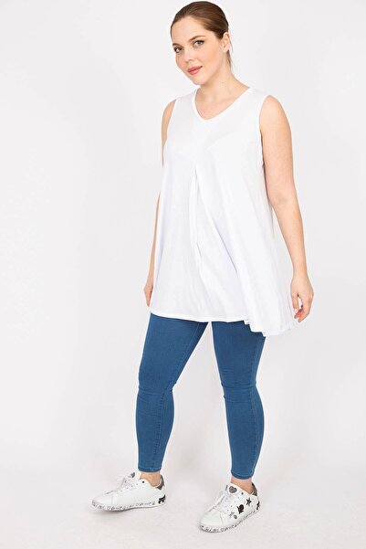 Şans Γυναικεία Λευκή Μεγάλο Μέγεθος Μπροστά A Πλισέ Μακρυά Μπλούζα με λαιμόκοψη 65n35950