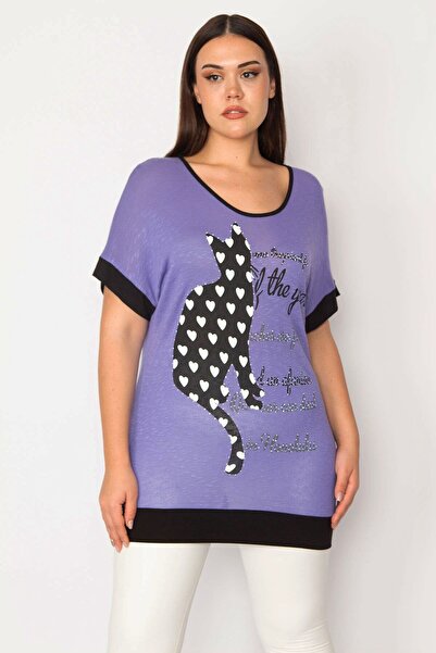 Şans Women's Large Size Lilac Front Stone and Print Detailed Tunic 65n30359