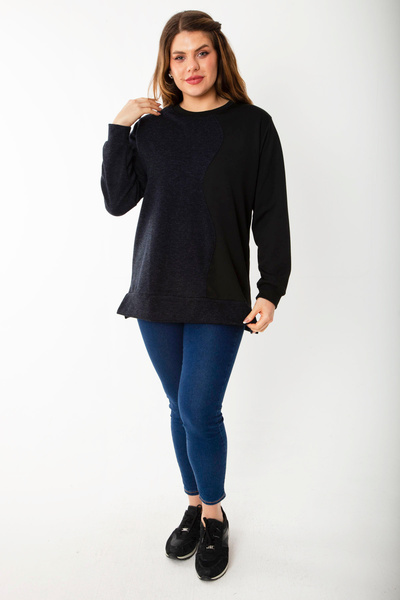 Şans Women's Large Size Navy Blue Dueble Face Fabric Color Combination Sweatshirt 65N37124