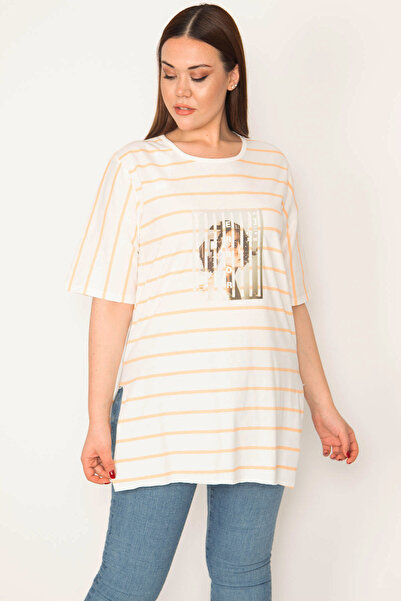 Şans Жіноча блуза великого розміру з цифровим принтом, смугаста, з розрізом з...