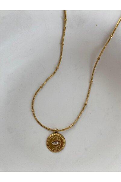 marsel aksesuar Stoned Eye Plate Gold Steel Necklace