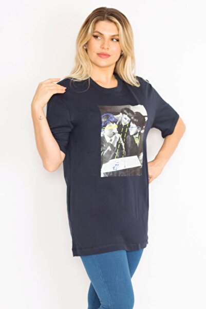 Şans Women's Plus Size Navy Blue Front Printed Blouse 65n26470