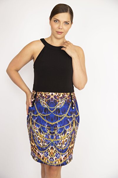 Şans Women's Black Plus Size Halter Neck Ornamental Buttoned Skirt Patterned Dress 65n36634
