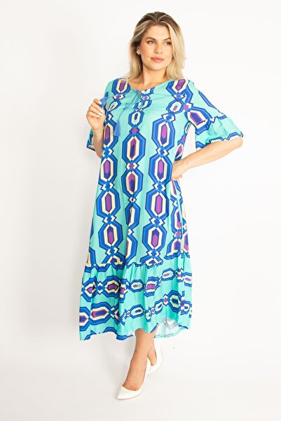 Şans Women's Large Size Turquoise Woven Viscose Fabric Flounce Sleeve Hem Tiered Dress 65n34435