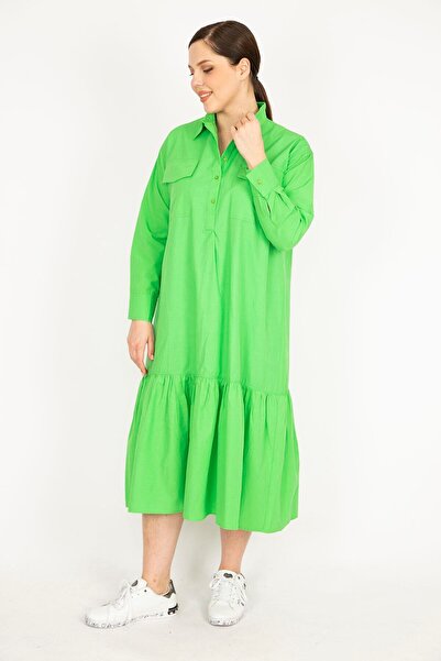 Şans Women's Green Plus Size Front Placket Buttoned Chest Pocket Skirt-Layered Dress 65n36147