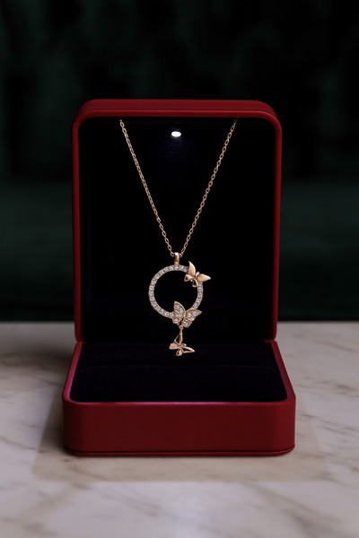 KAR DİAMOND 925 Ayar Gümüş Rose Kaplama Taşlı Hayal Halkası Kelebek Kolye - S...