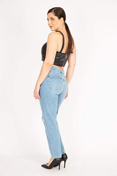 Şans Kadın Mavi Büyük Beden Yırtık Detaylı Yüksek Bel Kot Pantolon 65n36217