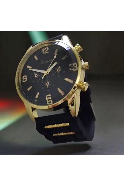 OEM Ceas casual bărbătesc cu cuarț, curea din silicon negru și detalii aurii