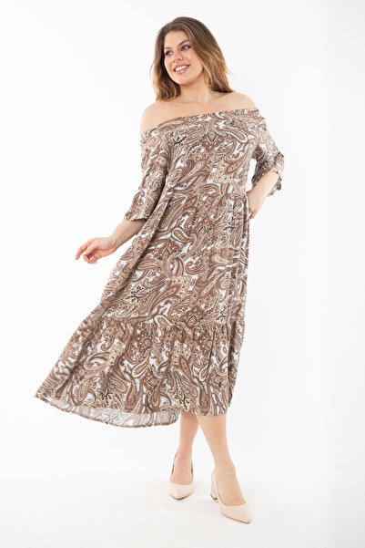 Şans Дамска многоетажна рокля от вискозен плат с яка от млечен и кафе голям размер 65N37349