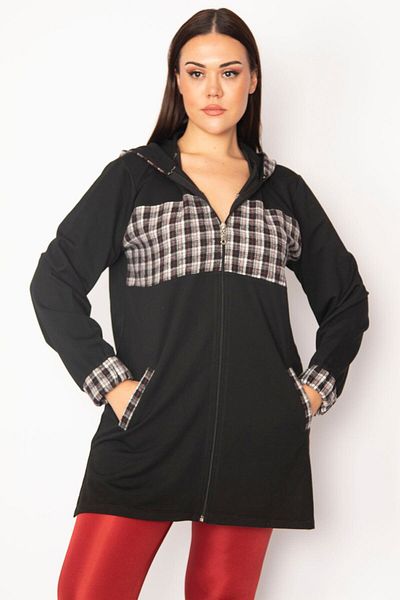 Şans Women's Large Size Black Plaid Pattern Detailed Hooded Coat 65n29568